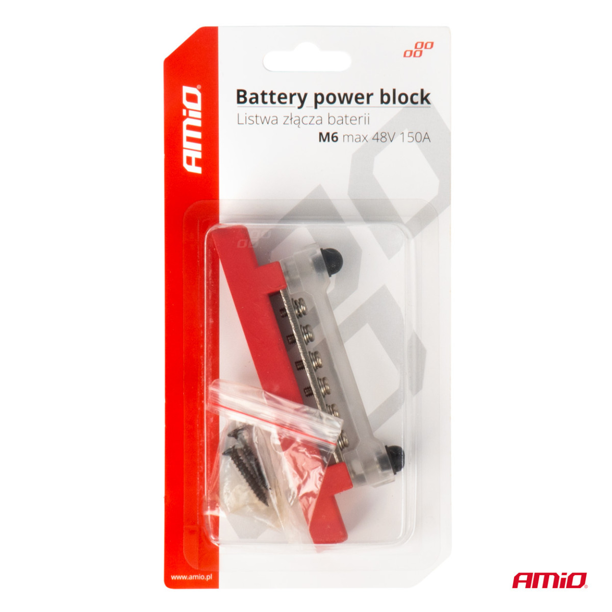 Positiivse poolusega jaotusplokk 4 M6 kruviga, siinilatt 12/24/48V 150A, AMIO-03810