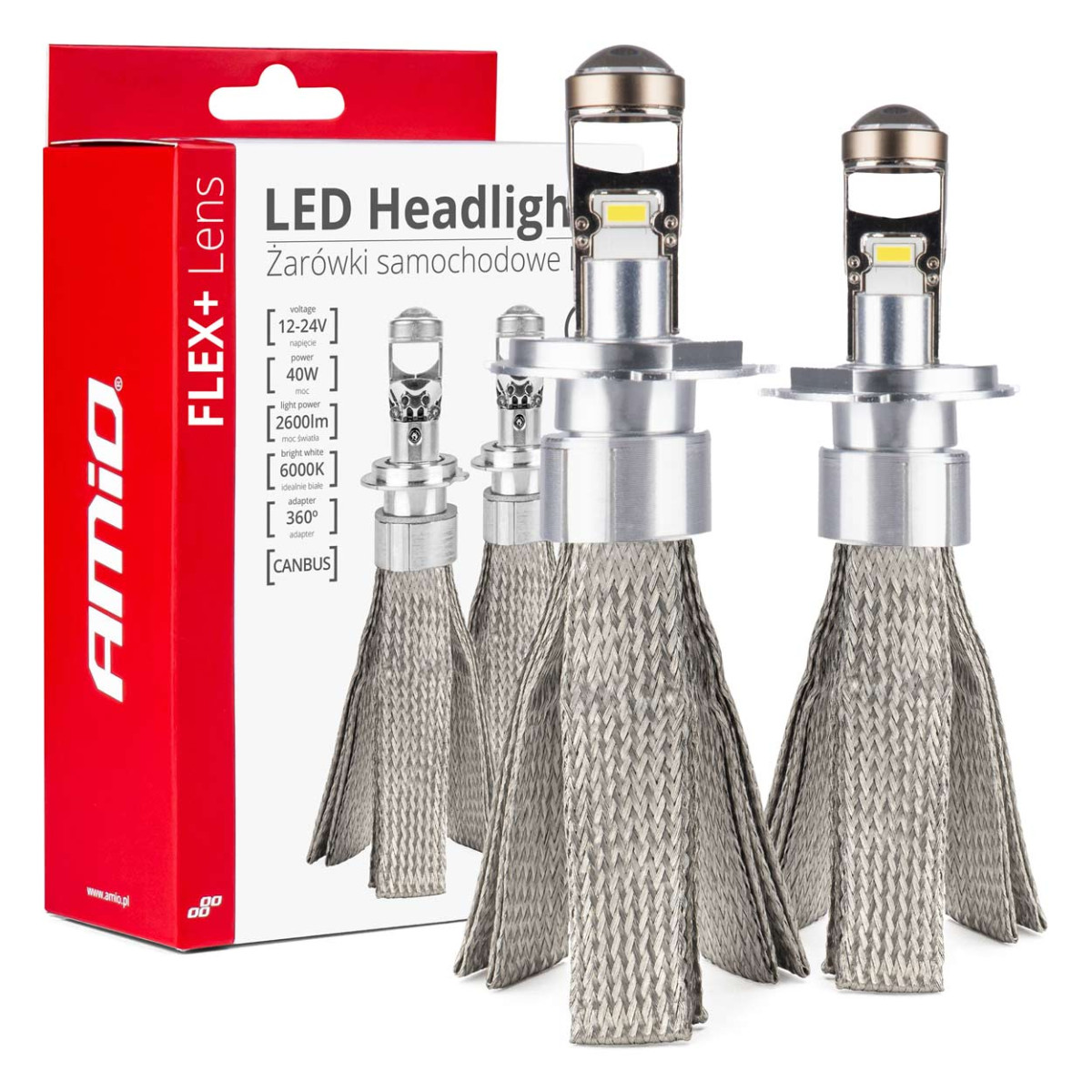 LED esitulede pirnid FLEX+ seeria H4 läätsega 12V 24V 6000K Canbus, 2 tk. AMIO-03658