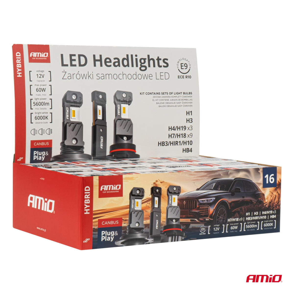 LED-esitulede pirnide komplekt 16 tk, Hybrid series H1 H3 H4 H7 HB3 HB4 6000K Canbus, AMIO-04120