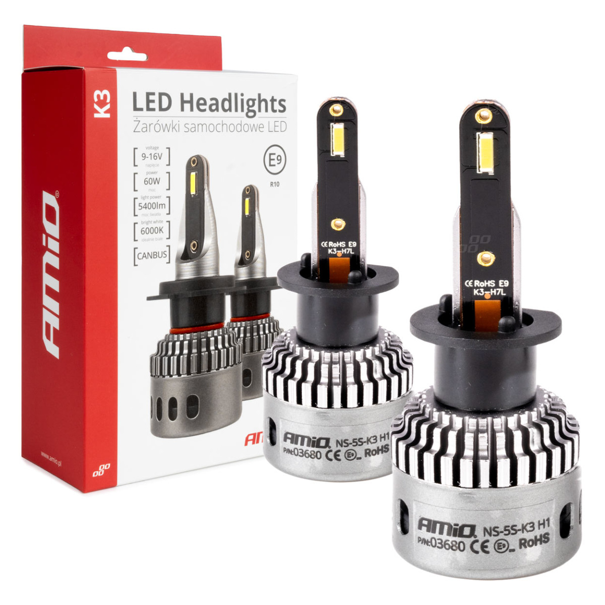 LED-esitulede pirnid K3 seeria H1 12V 6000K Canbus AMIO-03680