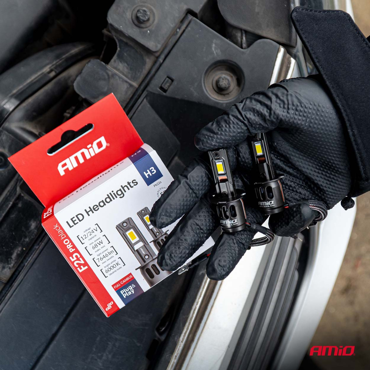 LED esitule pirnid seeria F25 PRO mustad täis CANBUS H3 68W 12V 24V, AMIO-04718