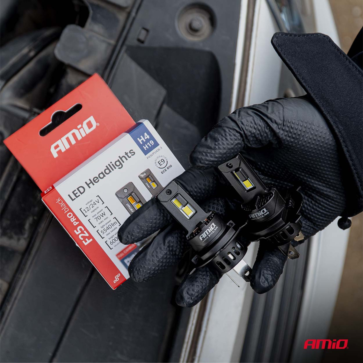 LED-esitulede pirnid F25 PRO mustad täis-CANBUS H4 H19 70W 12V 24V AMIO-04719