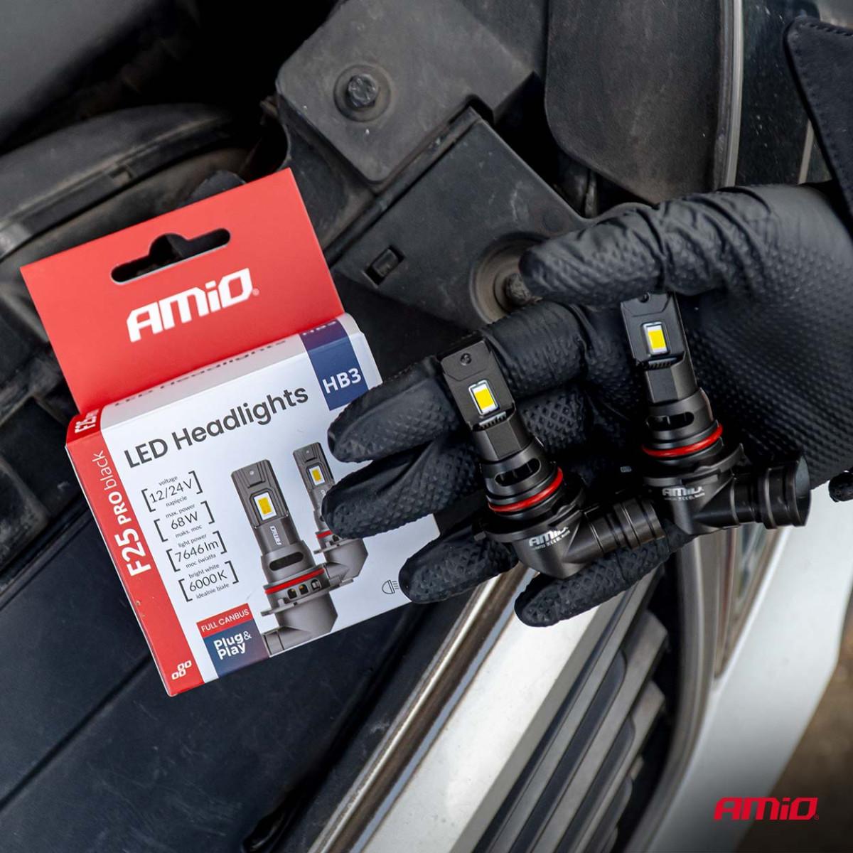 LED-esitule pirnid F25 PRO mustad täis-CANBUS HB3 68W 12V 24V AMIO-04722