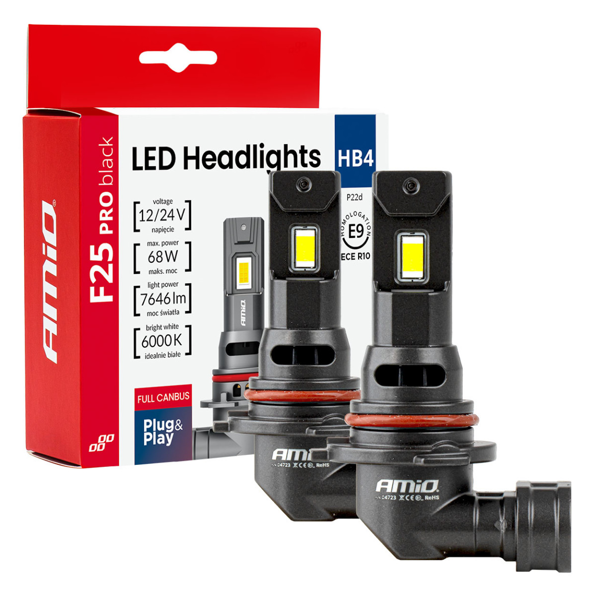 LED esitule pirnid F25 PRO mustad täis CANBUS HB4 68W 12V 24V, AMIO-04723