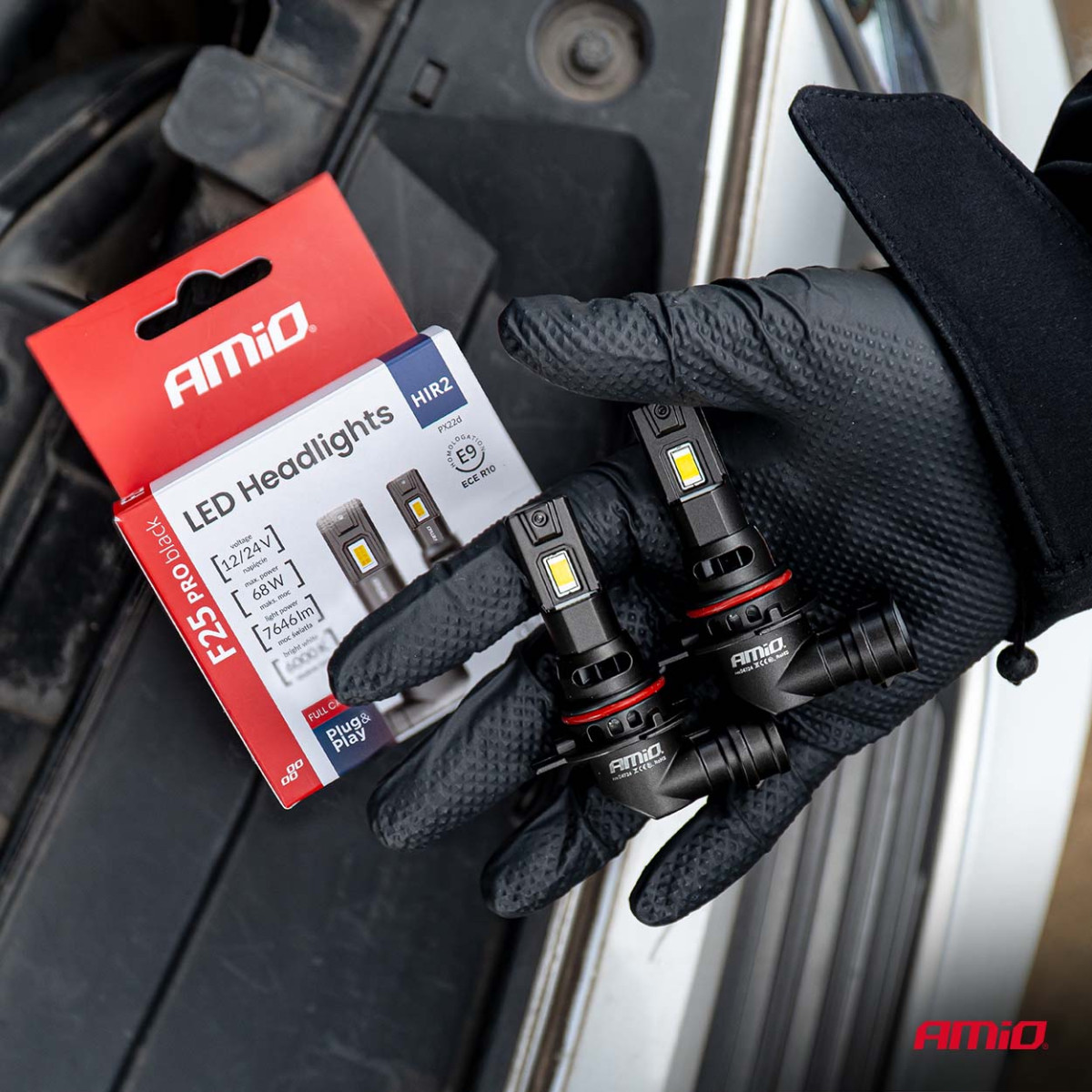 LED esitule pirnid seeria F25 PRO mustad täis CANBUS HIR2 68W 12V 24V, AMIO-04724