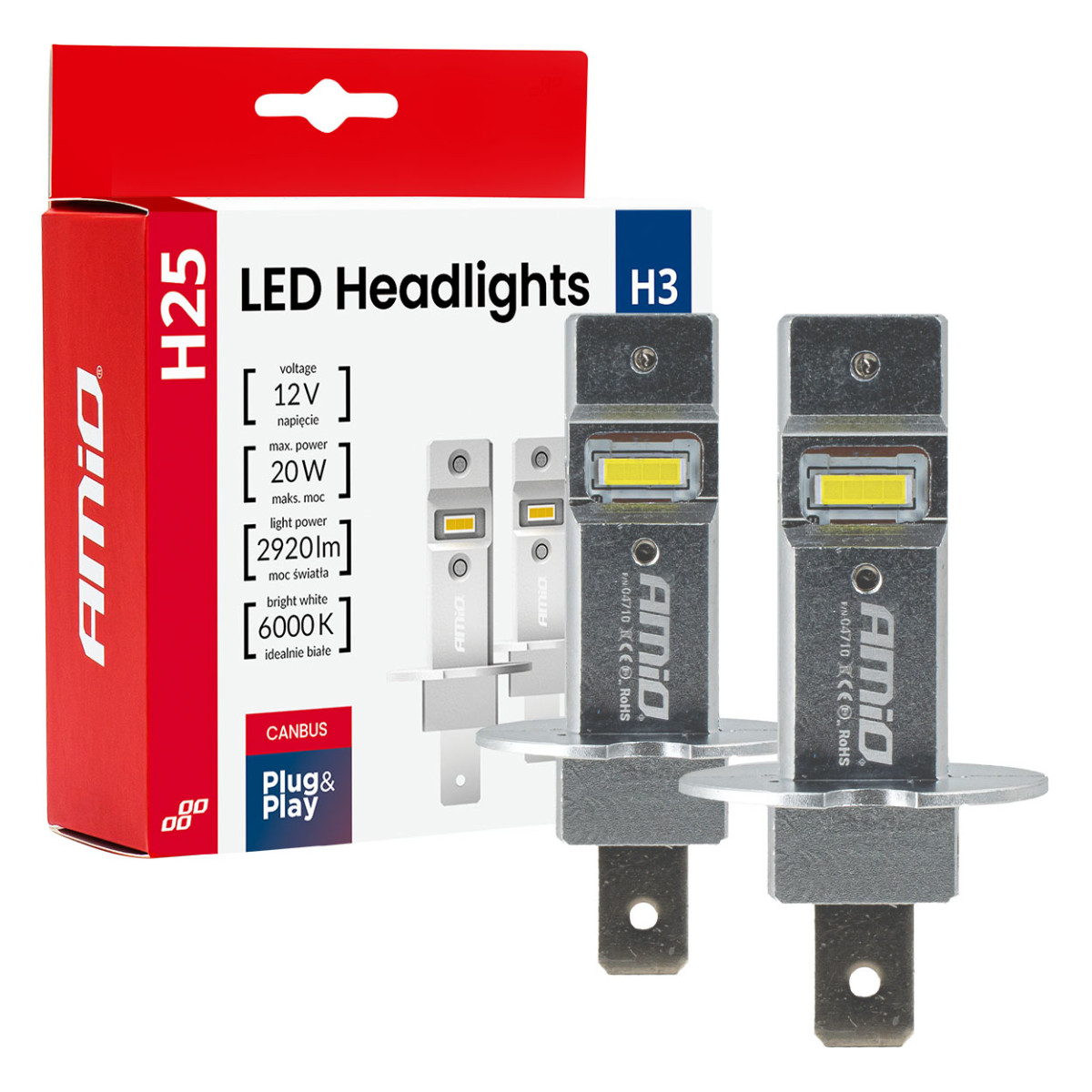 LED-esitulede pirnid seeria H25 CANBUS H3 12V 20W, AMIO-04710
