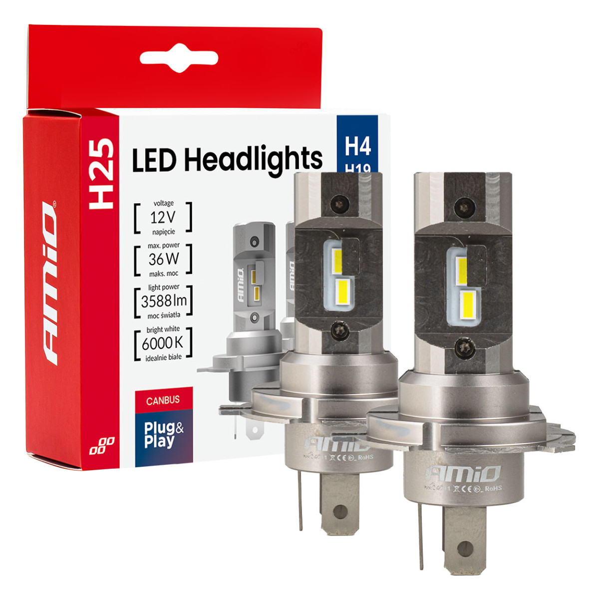 LED-esitulede pirnid H25 CANBUS H4 H19 12V 36W, AMIO-04711