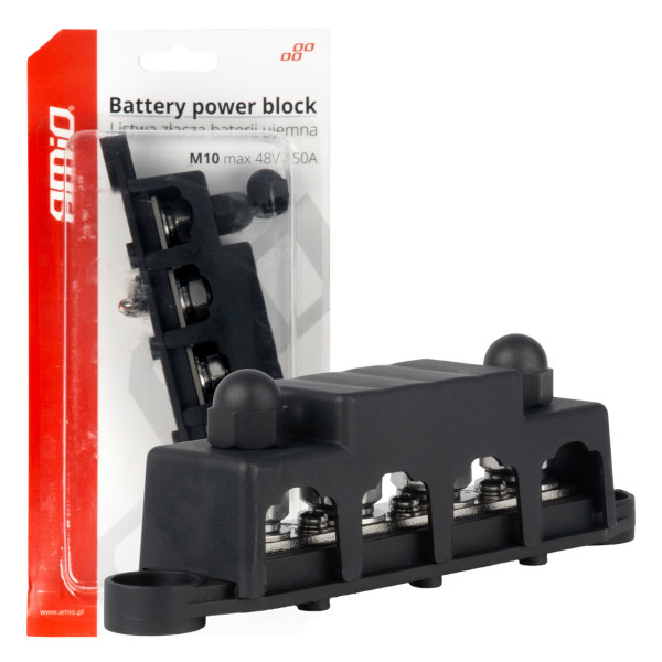 Negatiivse poolusega jaotusplokk 4 M10 poldiga, siinilatt 12/24/48V 250A, AMIO-03811