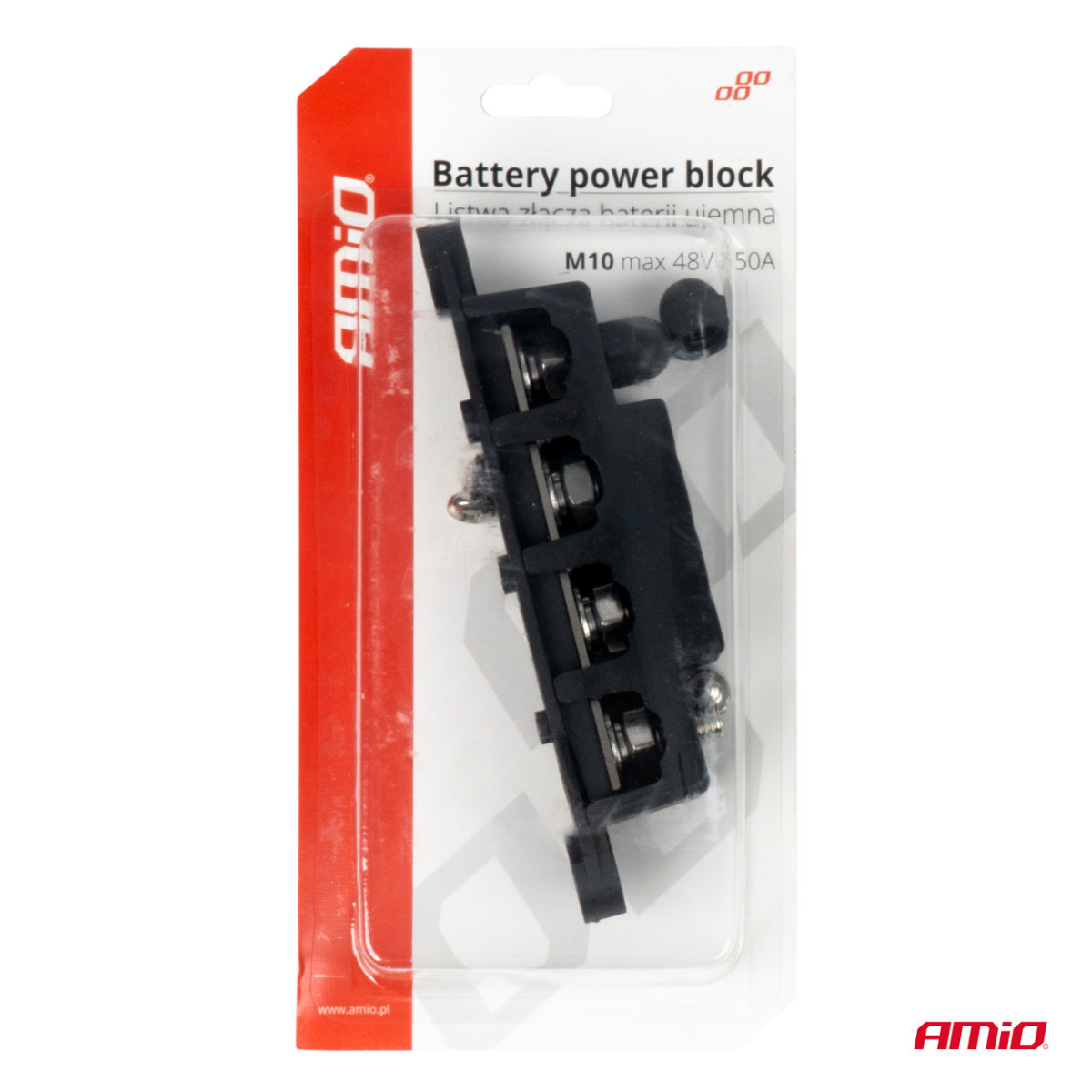 Negatiivse poolusega jaotusplokk 4 M10 poldiga, siinilatt 12/24/48V 250A, AMIO-03811