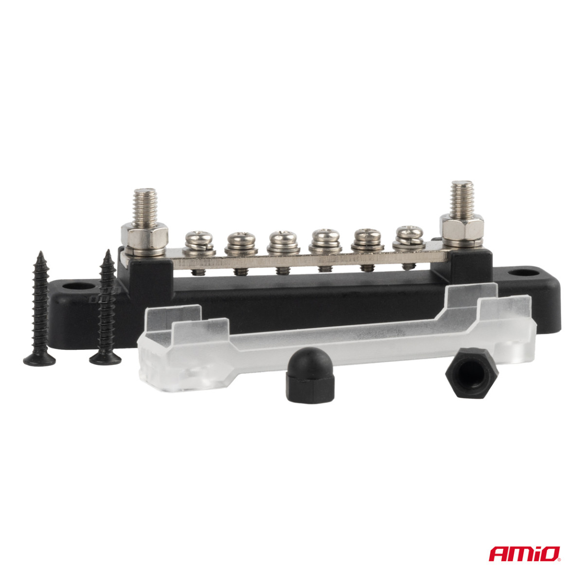 Negatiivse poolusega jaotusplokk 6 M6 kruviga, siinilatt 12/24/48V 150A, AMIO-03809