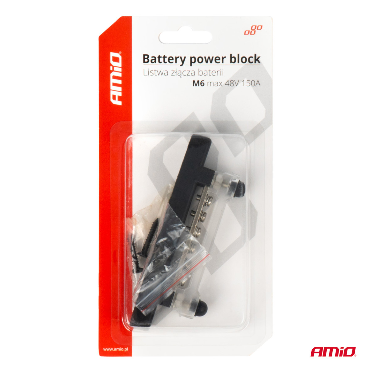Negatiivse poolusega jaotusplokk 6 M6 kruviga, siinilatt 12/24/48V 150A, AMIO-03809