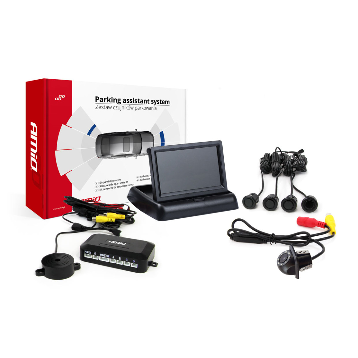 Parkimisabi süsteem 4.3 TFT02 koos FLIP-UP CAM-305 LED-kaameraga, 4 musta anduriga GOLD 18 mm