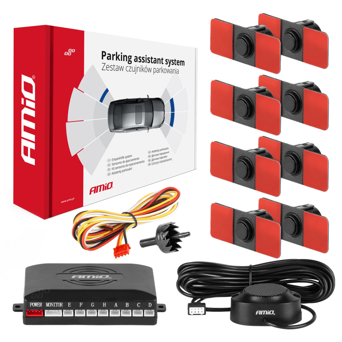 Parkimisabisüsteem helisignaaliga, 8 musta andurit, sisemine paigaldus 16,5 mm AMIO-02254