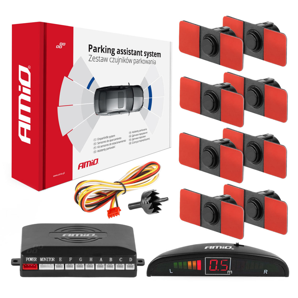Parkimisabisüsteem LED, 8 musta andurit, sisemine paigaldus 16,5 mm AMIO-02256