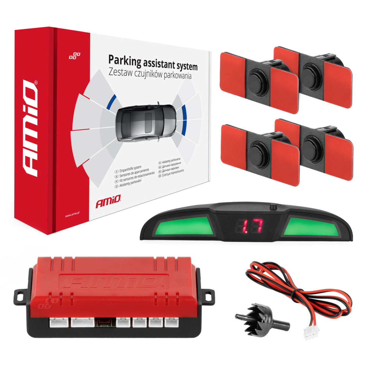 Parkimisabisüsteem LED COB, 4 musta andurit, sisemine paigaldus 16,5 mm AMIO-02285