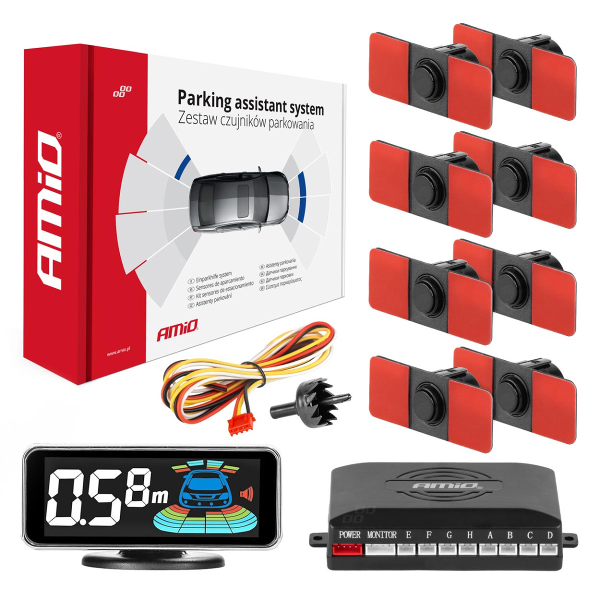 Parkimisabi süsteem LED-GRAF 3D, 8 musta andurit, sisemine paigaldus 16,5 mm AMIO-03196