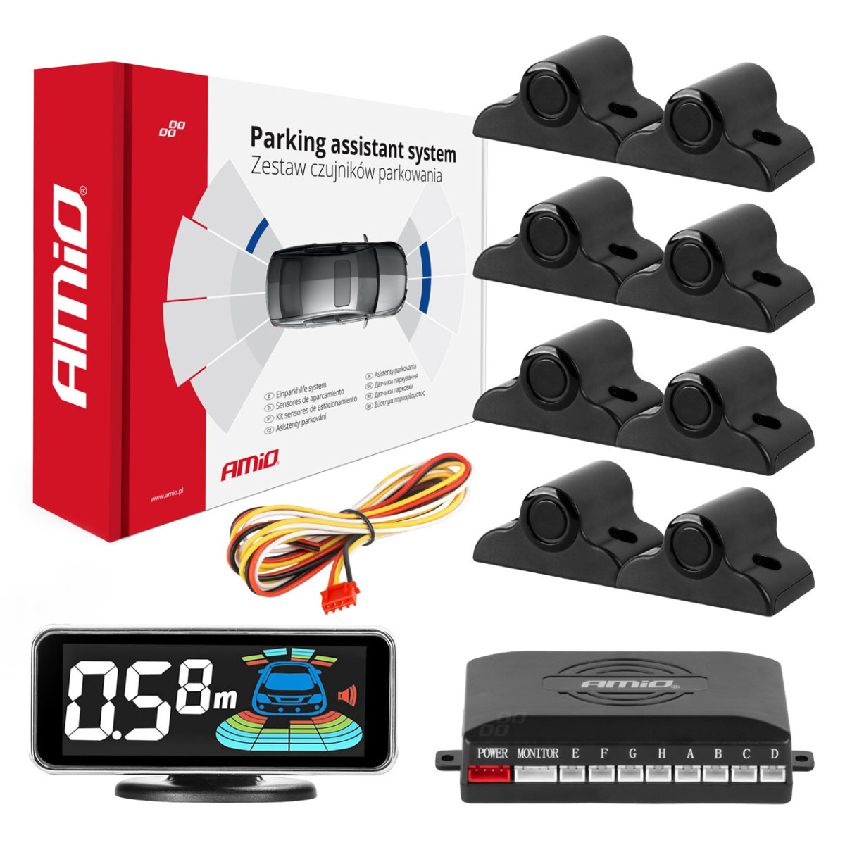 Parkimisabi süsteem LED-GRAF 3D, 8 musta andurit 19 mm, veoautodele AMIO-03195