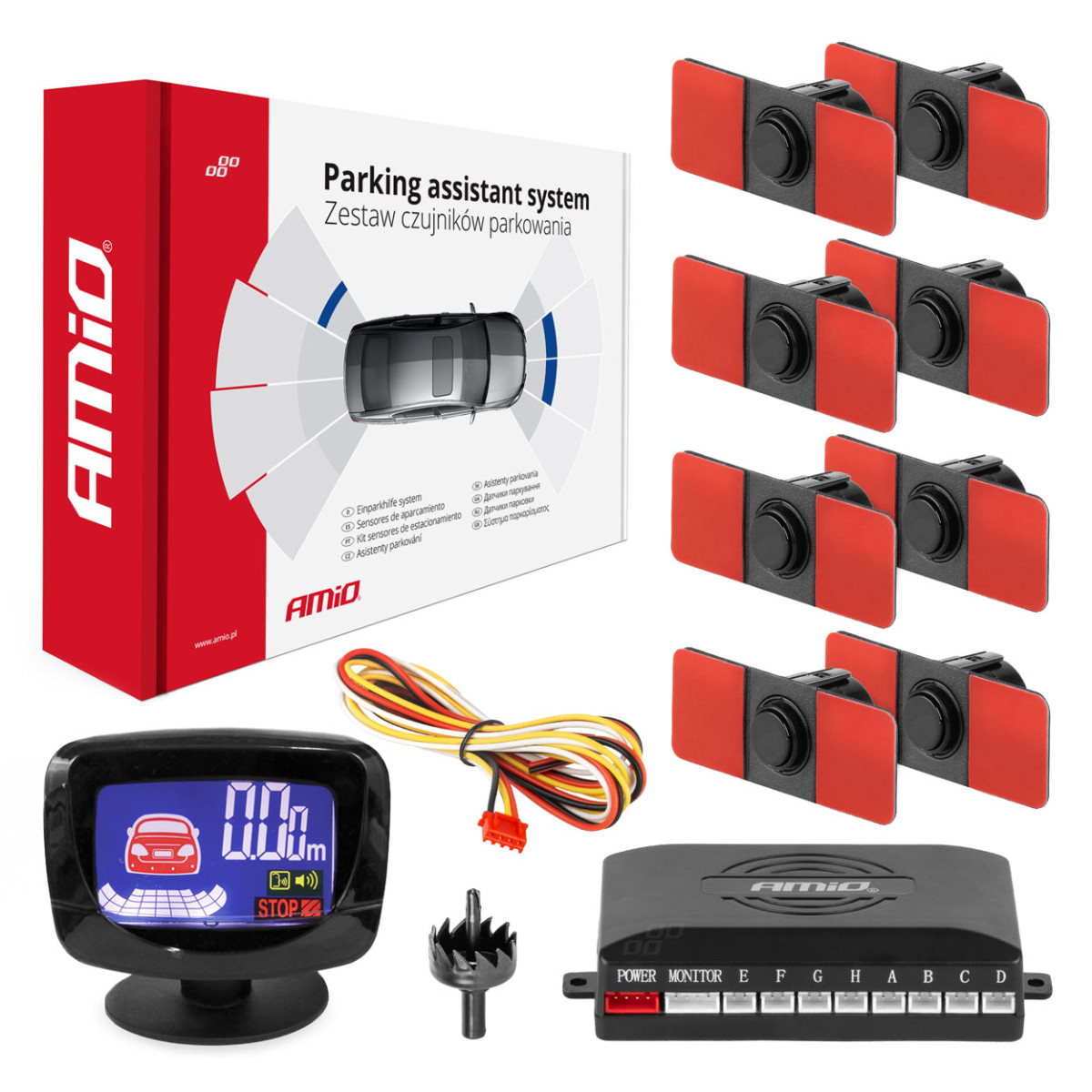 Parkimisabi süsteem LED-GRAF, 8 musta andurit 16,5 mm, sisemine paigaldus AMIO-02258