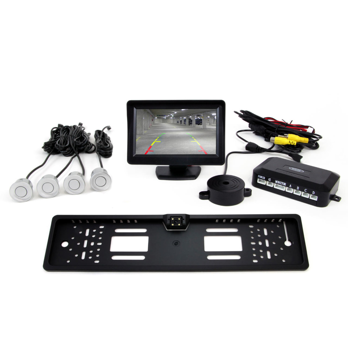 Parkimisabisüsteem TFT01 4.3" CAM-402 LED-kaameraga, 4 hõbedast andurit