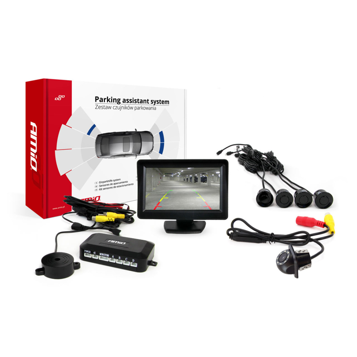 Parkimisabisüsteem TFT01 4.3" HD-305 LED-kaameraga, 4 musta anduriga 28 mm