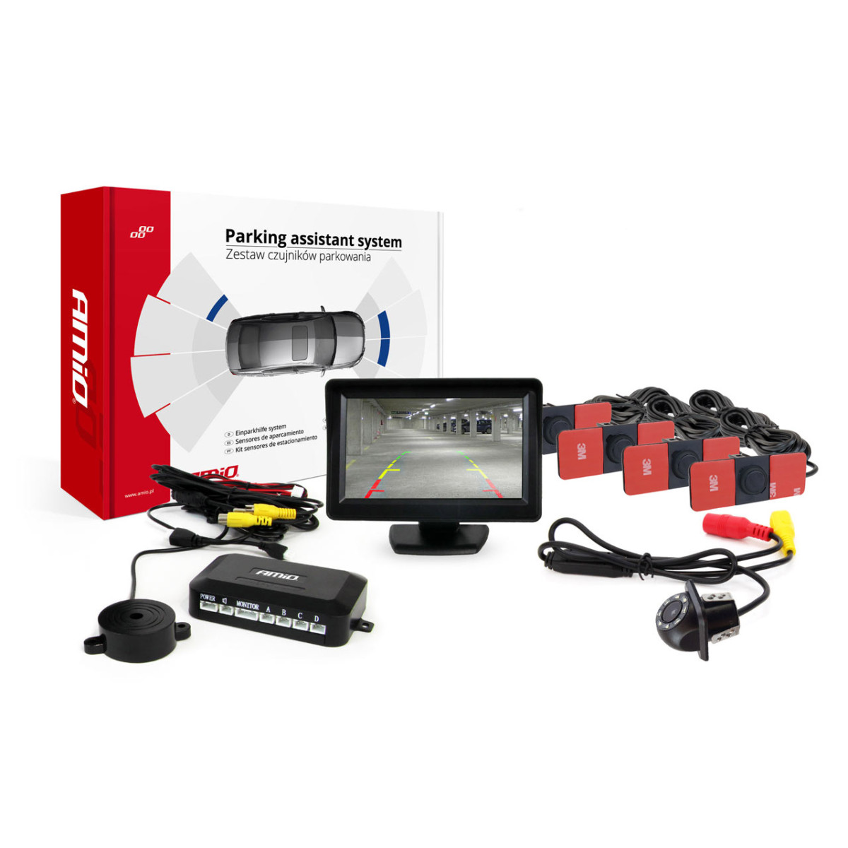 Parkimisabisüsteem TFT01 4.3" HD-305 LED-kaameraga, 4 musta andurit 28 mm, sisemine paigaldus