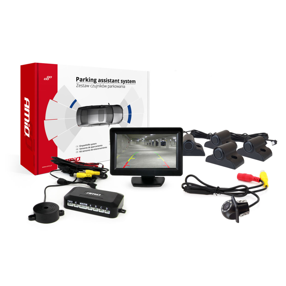 Parkimisabisüsteem TFT01 4.3" HD-305-LED kaameraga, 4 musta anduriga, veoautodele