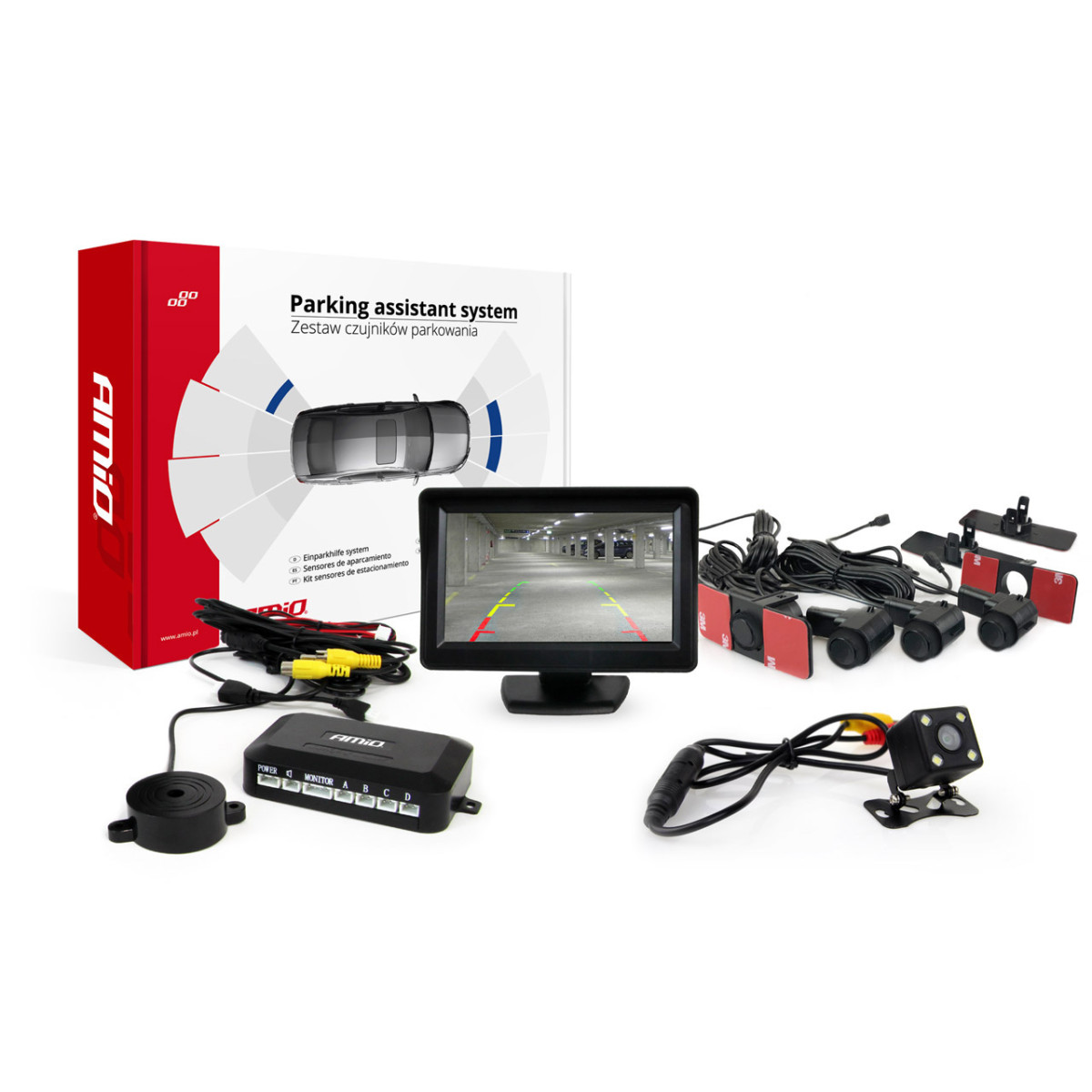 Parkimisabisüsteem TFT01 4.3" HD 315 LED-kaameraga, 4 musta andurit 16.5 mm, sisemine paigaldus