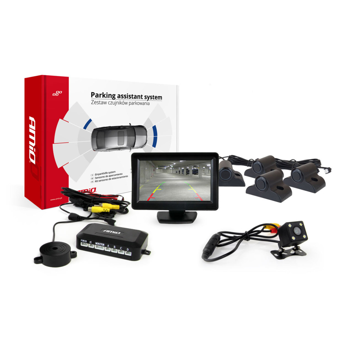 Parkimisabisüsteem TFT01 4.3" HD-315-LED kaameraga, 4 musta anduriga, veoautodele