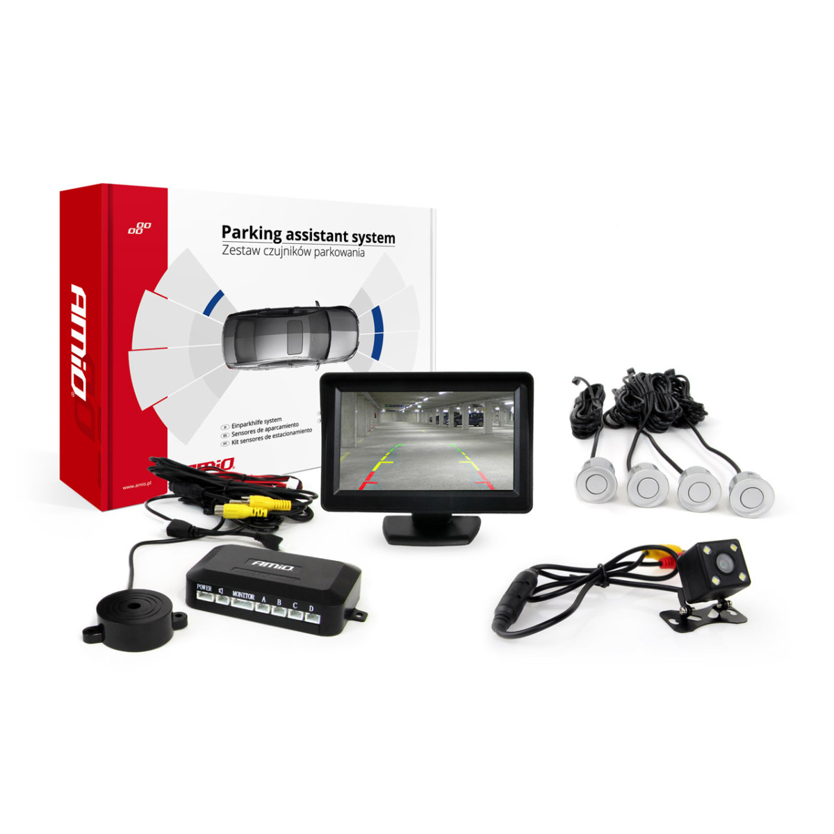 Parkimisabisüsteem TFT01 4.3" HD 315 LED-kaameraga, 4 hõbedast andurit 22 mm