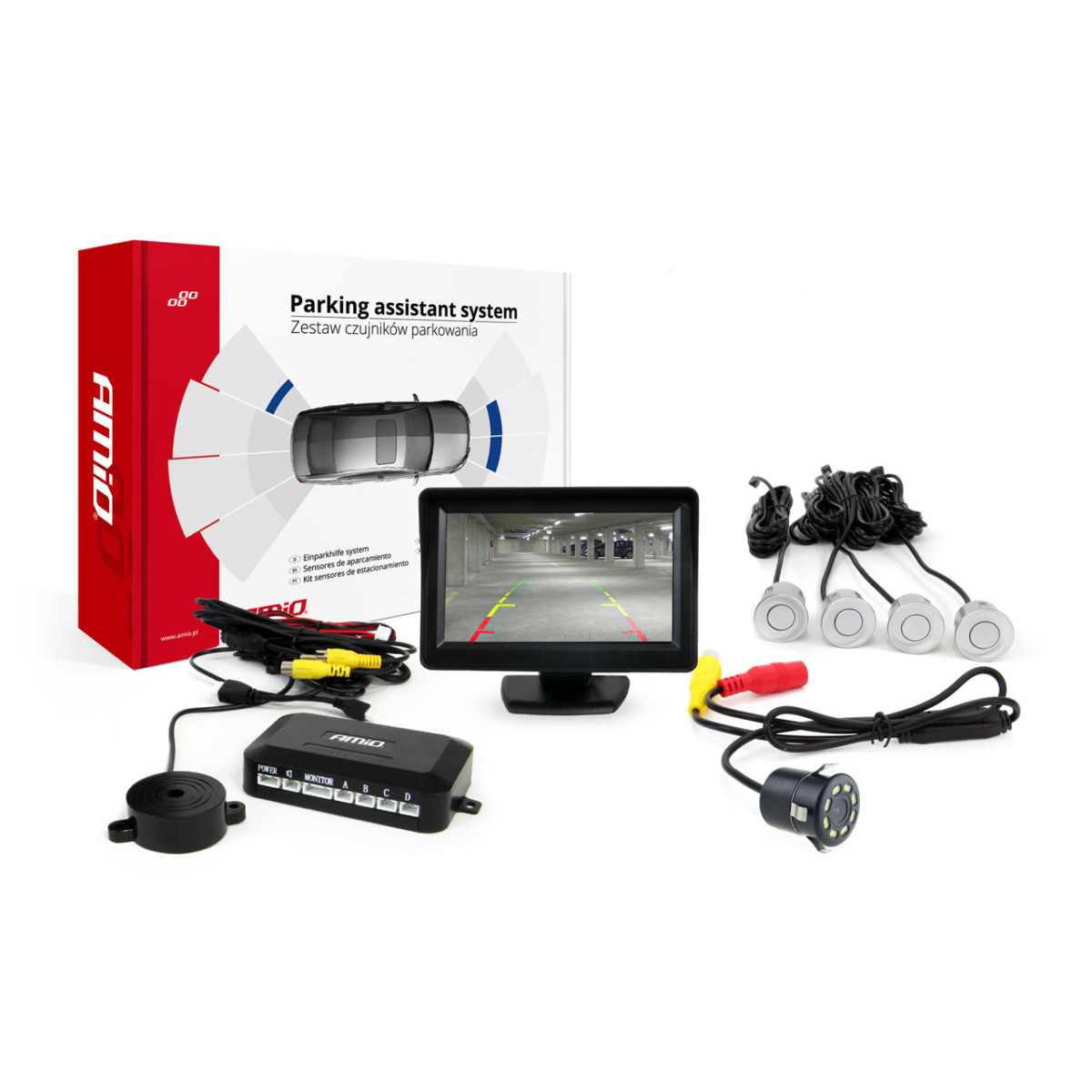 Parkimisabisüsteem TFT01 4.3" HD 315 LED-kaamera, 4 hõbedase anduriga 22 mm