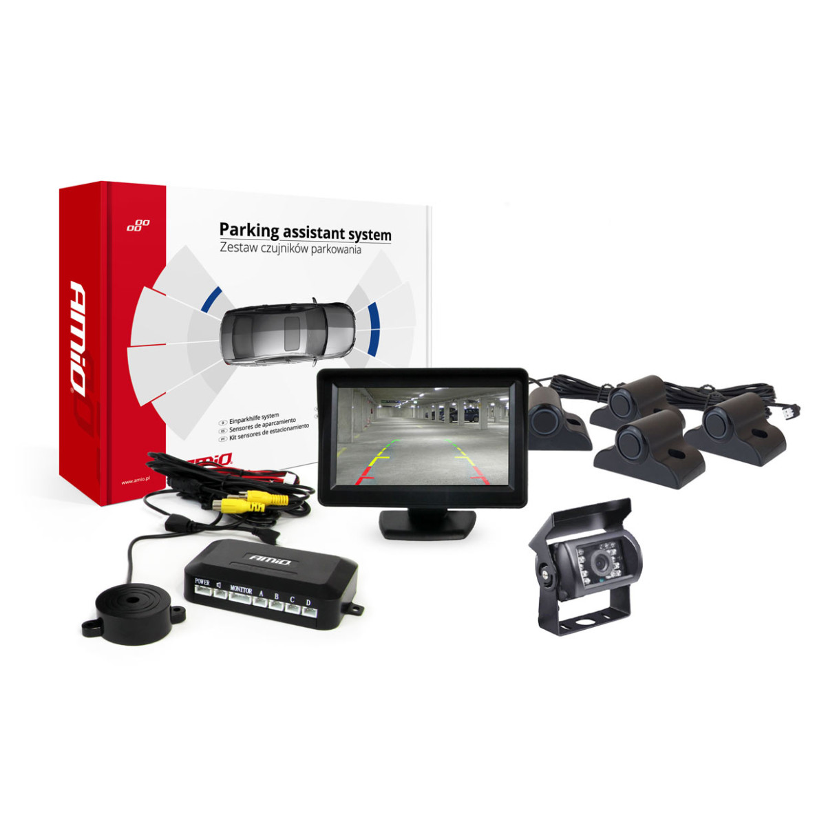 Parkimisabisüsteem TFT01 4.3" HD-501-IR kaameraga, 4 musta anduriga, veoautodele