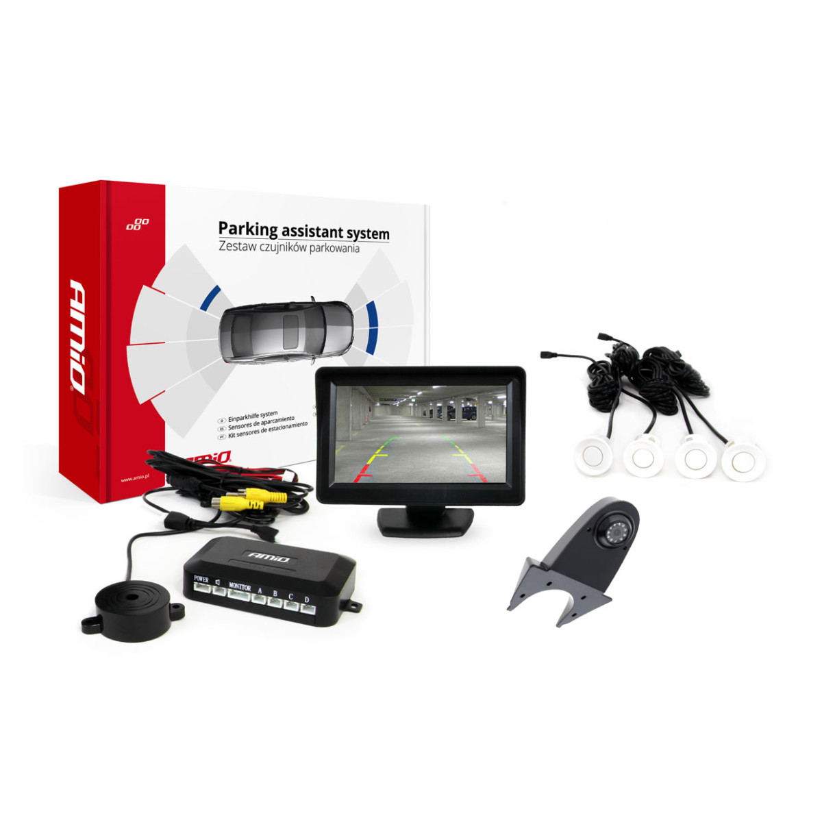 Parkimisabisüsteem TFT01 4.3" HD-502-IR kaameraga, 4 valget andurit