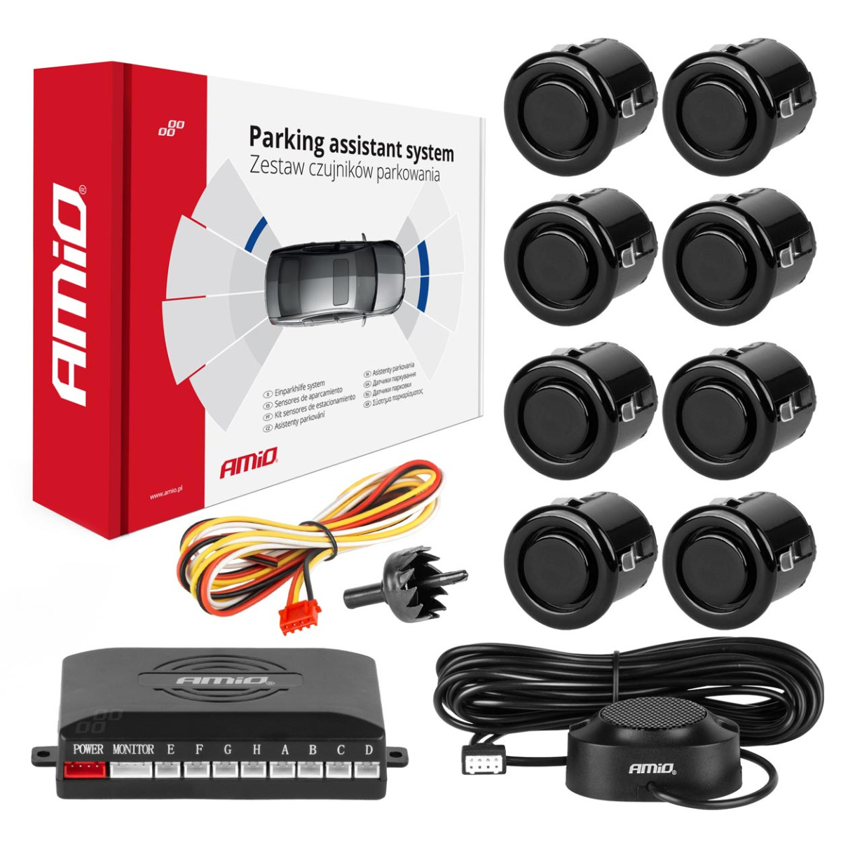 Parkimisabi süsteem helisignaaliga, 8 musta andurit GOLD 18mm AMIO-01604