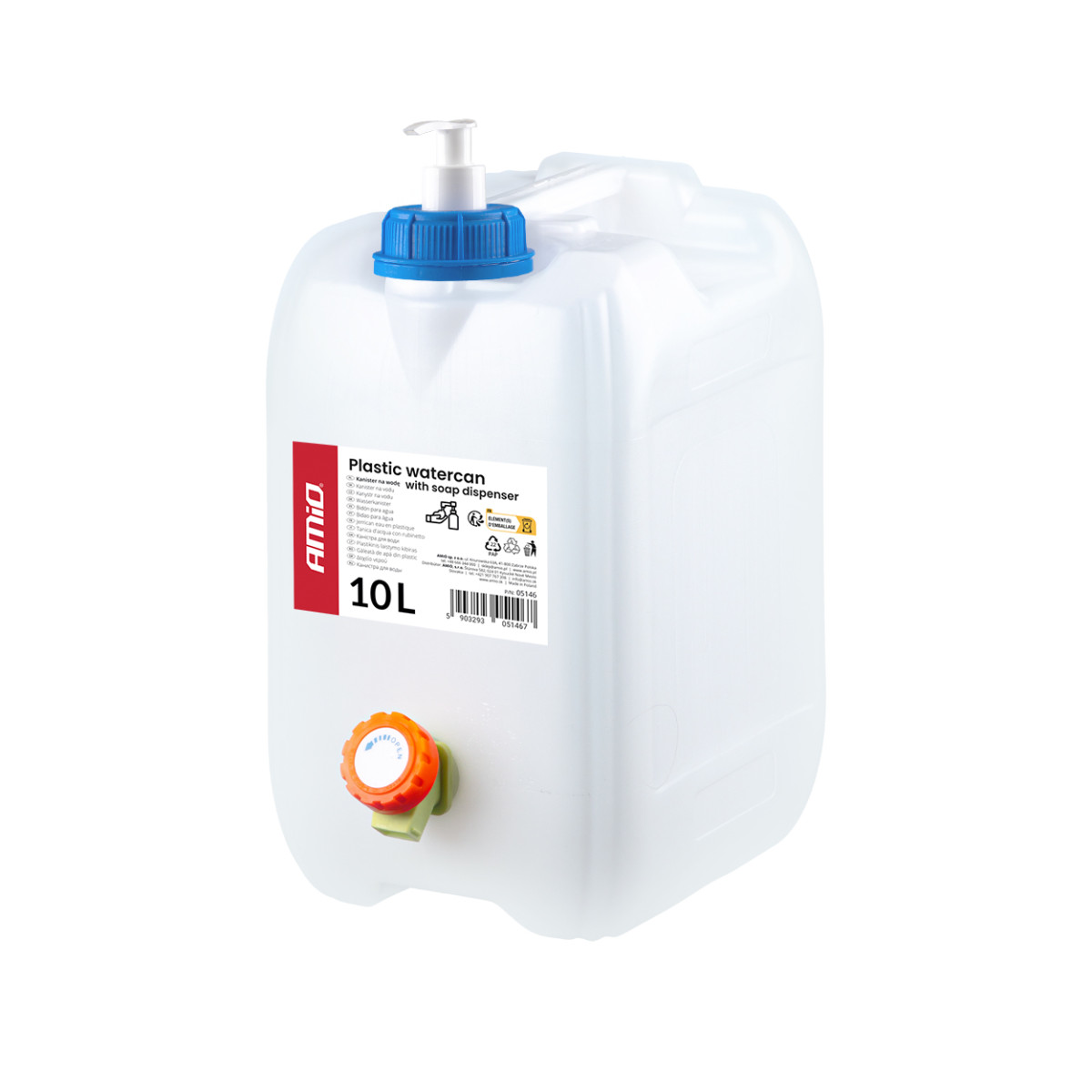 Plastikust veepaak kraani ja seebidosaatoriga, 10 l, AMIO-05146