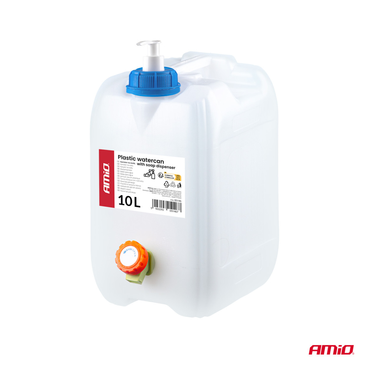 Plastikust veepaak kraani ja seebidosaatoriga, 10 l, AMIO-05146