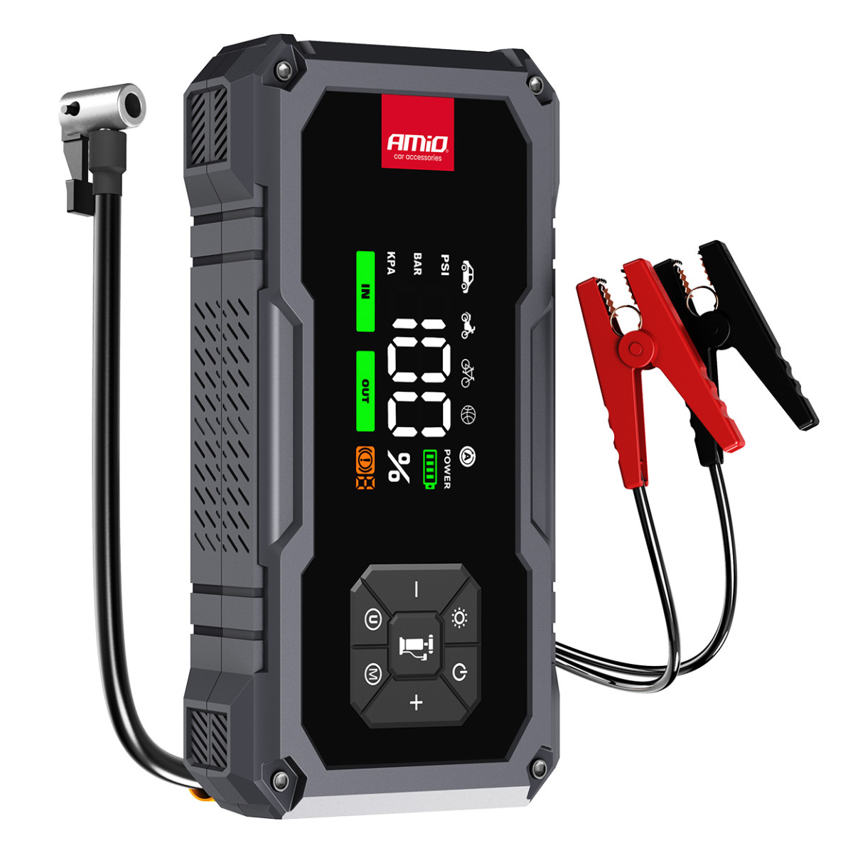 4-in-1 auto käivitusabi/LED/kompressor/akupank 12V 7.2Ah 600A PRO AMIO-04674