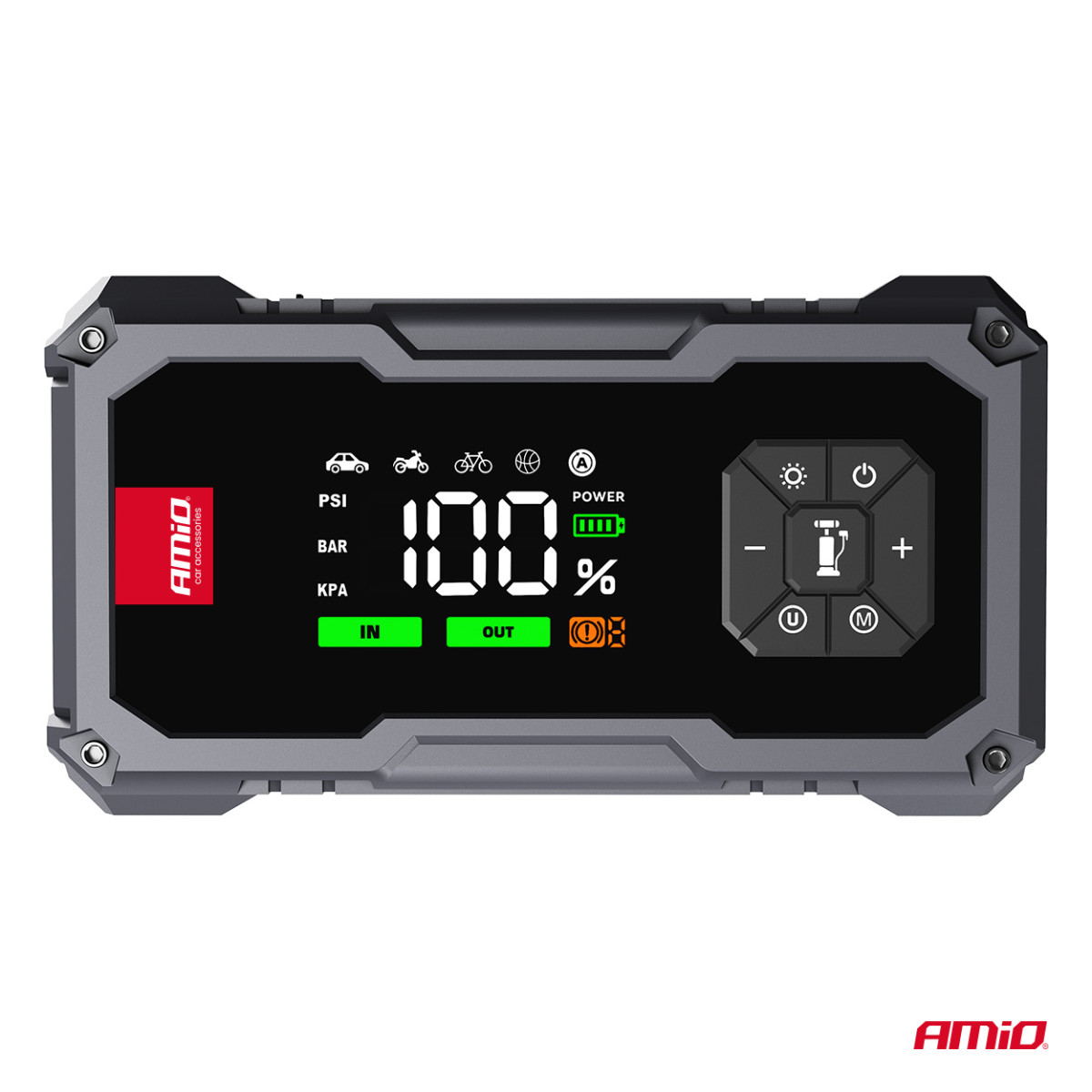 4-in-1 auto käivitusabi/LED/kompressor/akupank 12V 7.2Ah 600A PRO AMIO-04674