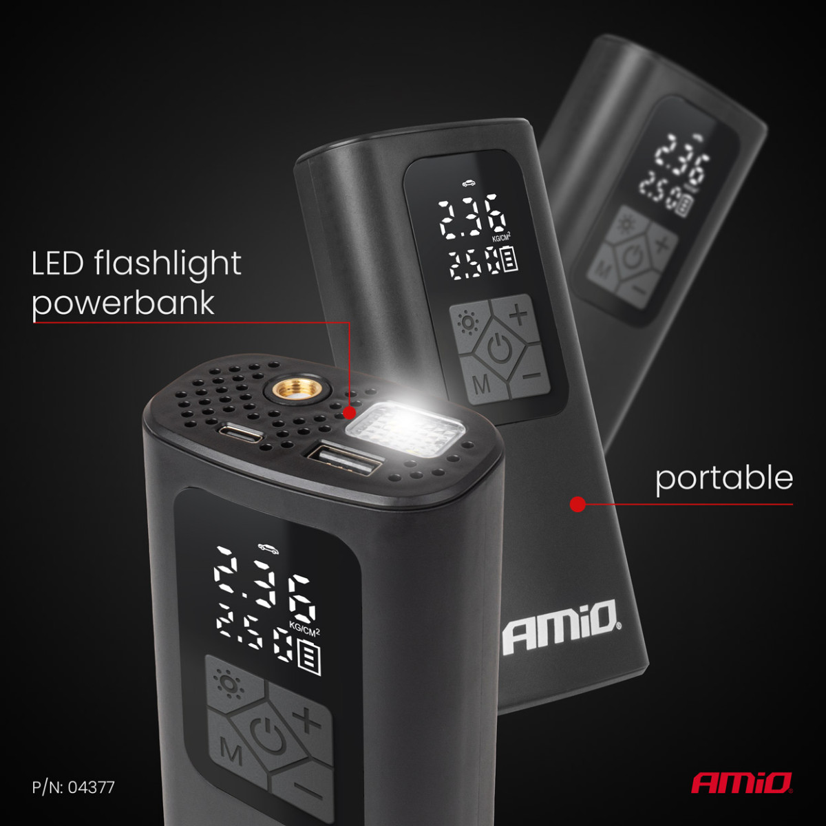 Juhtmevaba autokompressor 40 W LED-tule, akupanga ja USB-C-ga, AMIO-04377