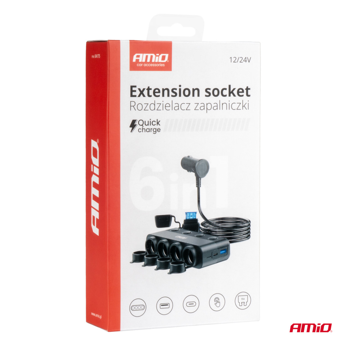 Auto 4-pesaga pikendusjuhe PD 30W ja QC3.0 12/24V, max 216W AMIO-04175