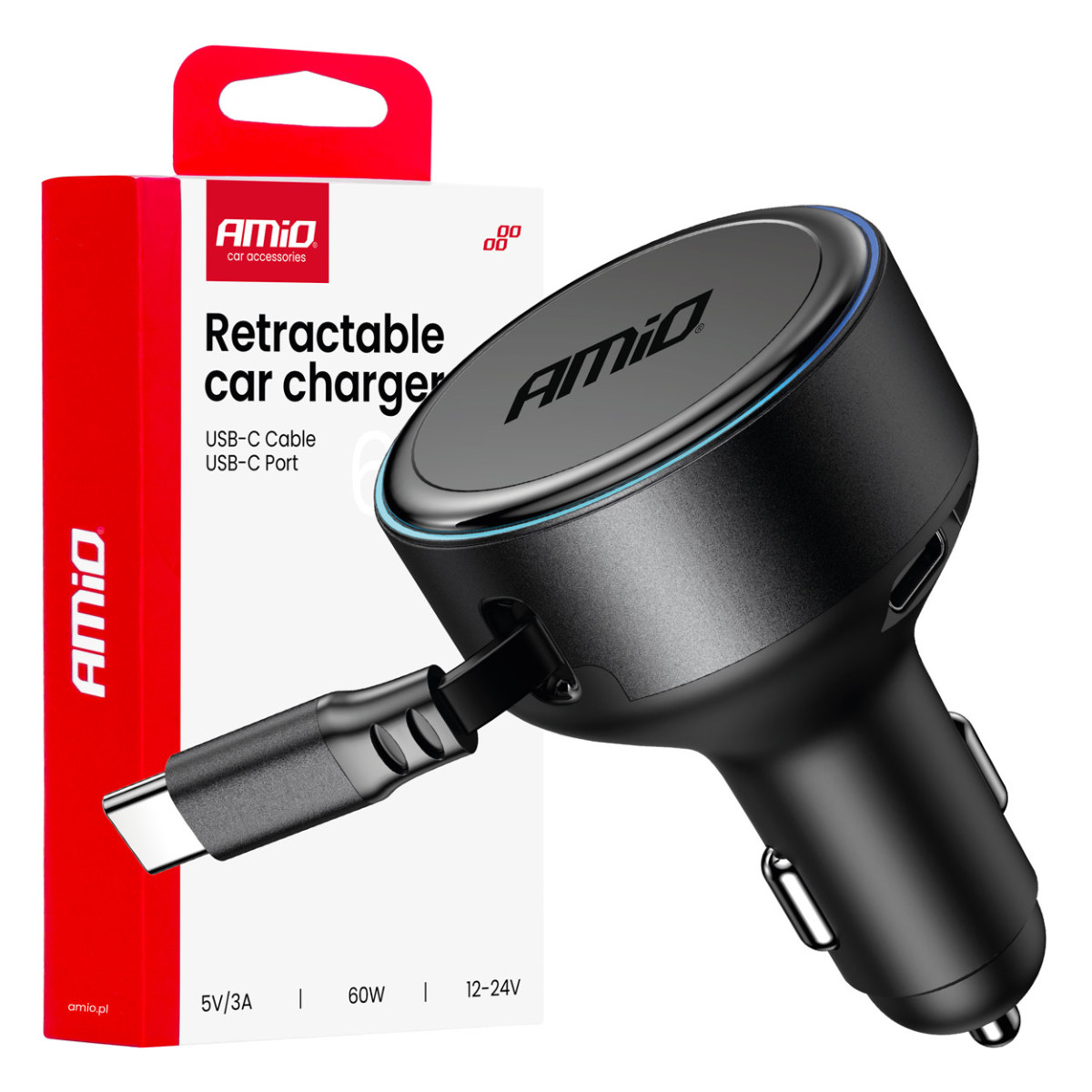 Autolaadija sissetõmmatava C-kaabli ja USB-C 12/24V 60W AMIO-04368