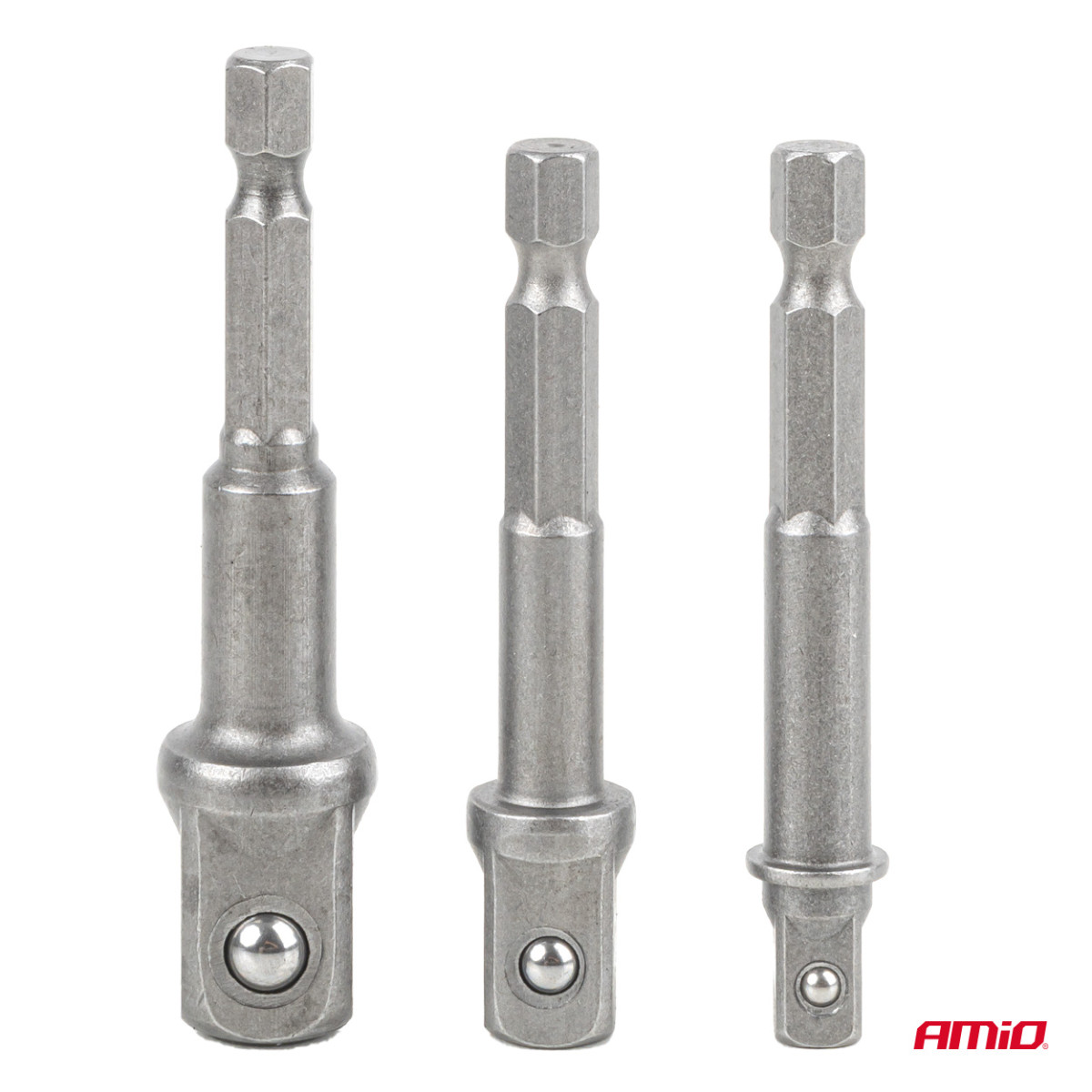 Kruvikeeraja padrunvõtmete adapterite komplekt, 1/4" HEX, 1/4" / 3/8" / 1/2", 3 tk, AMIO-04933