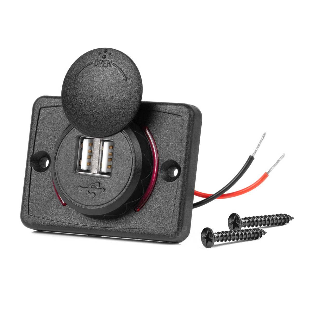 Ruudukujuline veekindel telefonilaadija punase LED-valgustusega, 2xUSB 12/24V AMIO-04230