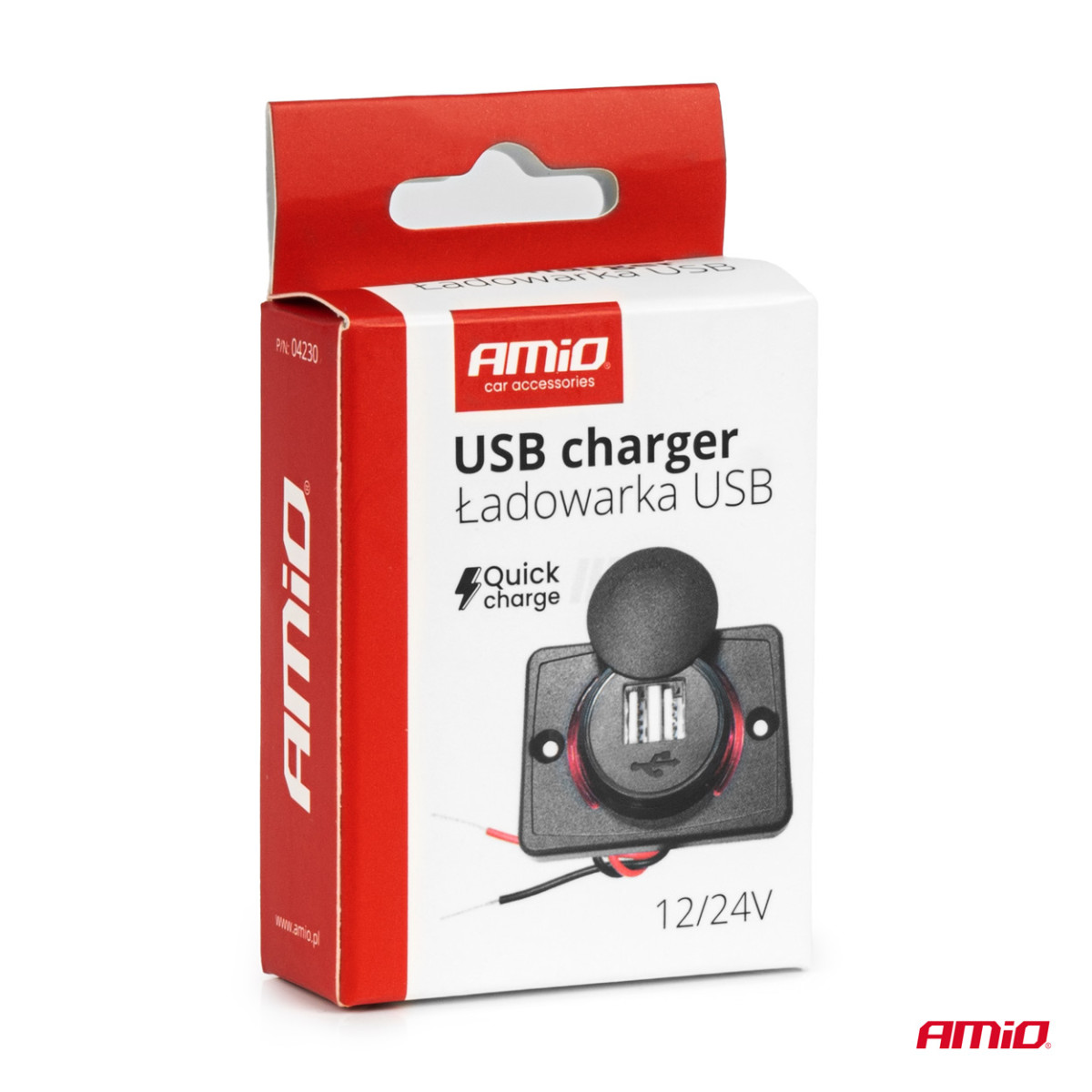 Ruudukujuline veekindel telefonilaadija punase LED-valgustusega, 2xUSB 12/24V AMIO-04230