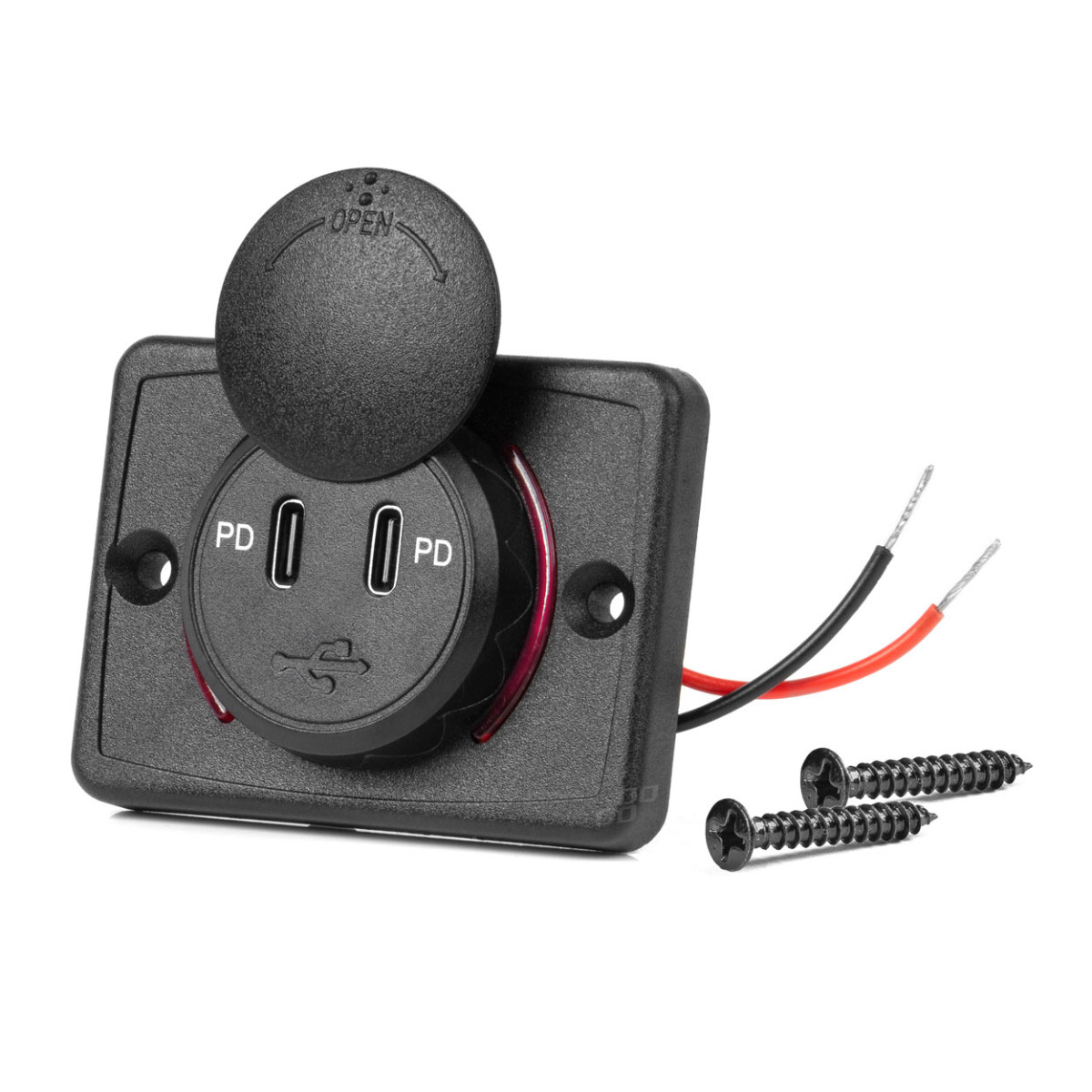 Ruudukujuline veekindel telefonilaadija punase LED-valgustusega, 2x USB-C, 12/24V – AMIO-04232