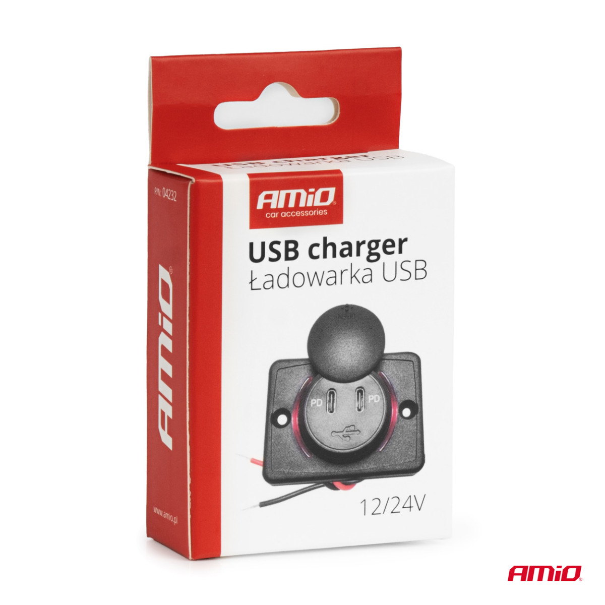 Ruudukujuline veekindel telefonilaadija punase LED-valgustusega, 2x USB-C, 12/24V – AMIO-04232