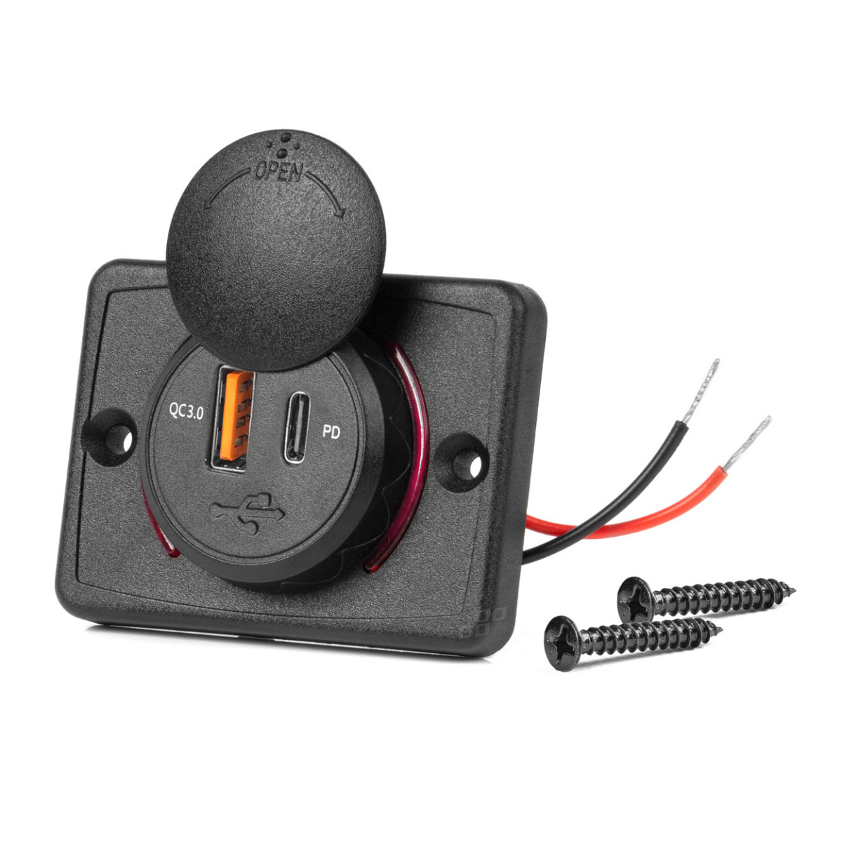 Ruudukujuline veekindel telefonilaadija punase LED-tulega, USB + USB C QC3.0 12/24V