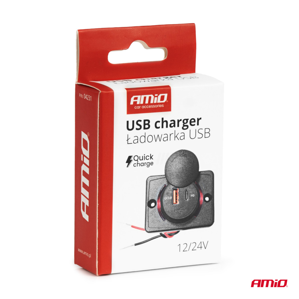 Ruudukujuline veekindel telefonilaadija punase LED-tulega, USB + USB C QC3.0 12/24V