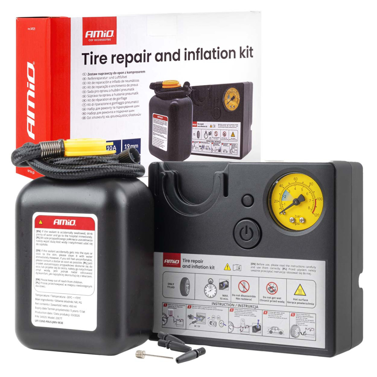 Rehviparanduskomplekt kompressoriga, 12 V, 19 mm, AMIO-04929