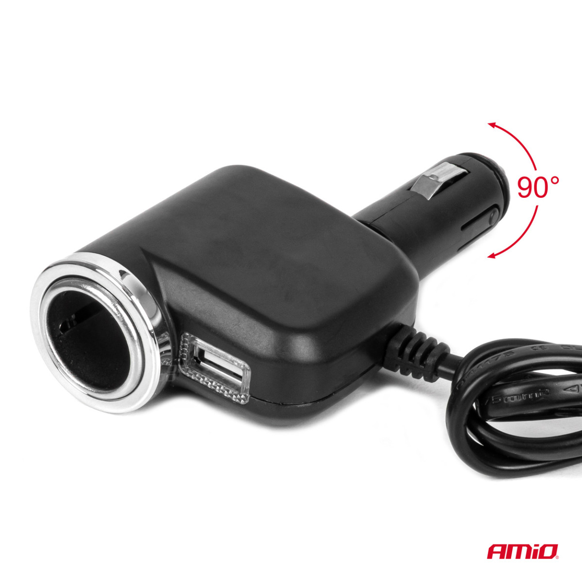 Kolme pesaga pikendusjuhe laadijaga 1x USB-A + 1x sigaretisüütaja 12/24V 120W 80 cm AMIO-04360