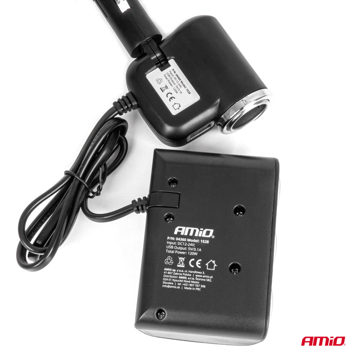 Kolme pesaga pikendusjuhe laadijaga 1x USB-A + 1x sigaretisüütaja 12/24V 120W 80 cm AMIO-04360